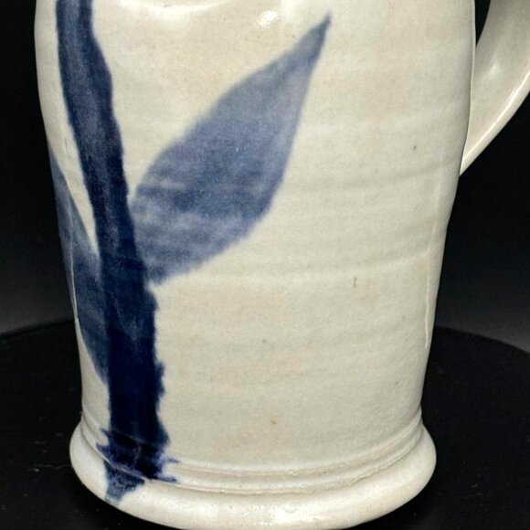 Vintage Pottery Hand Turned Salt Glaze Blue Leaf Pitcher Vase 7.5" - Picture 2 of 12